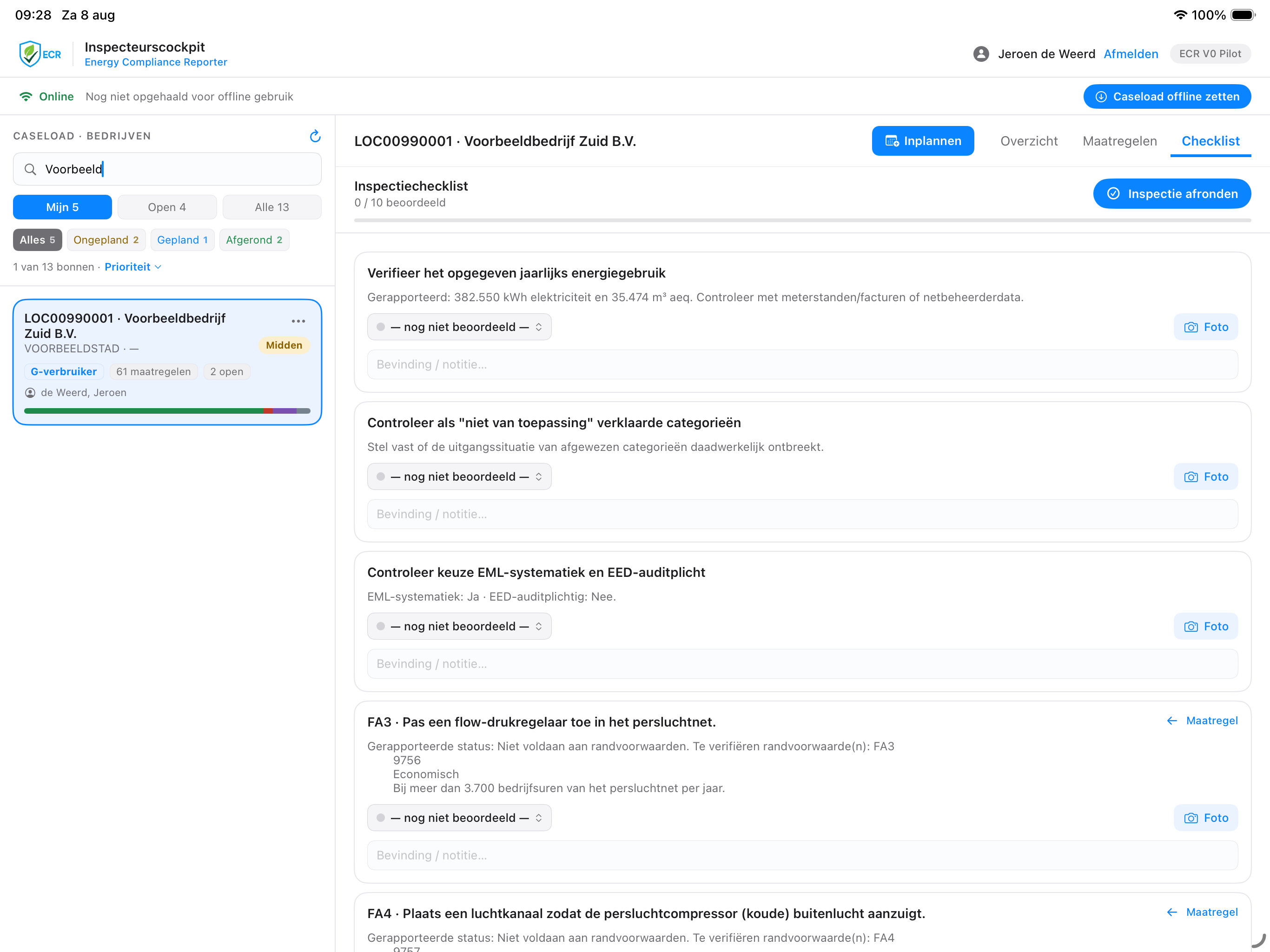 De inspectiechecklist van ECR op de iPad: automatische controlepunten met status, bevinding, notitie en foto's per punt, en de knop Inspectie afronden.