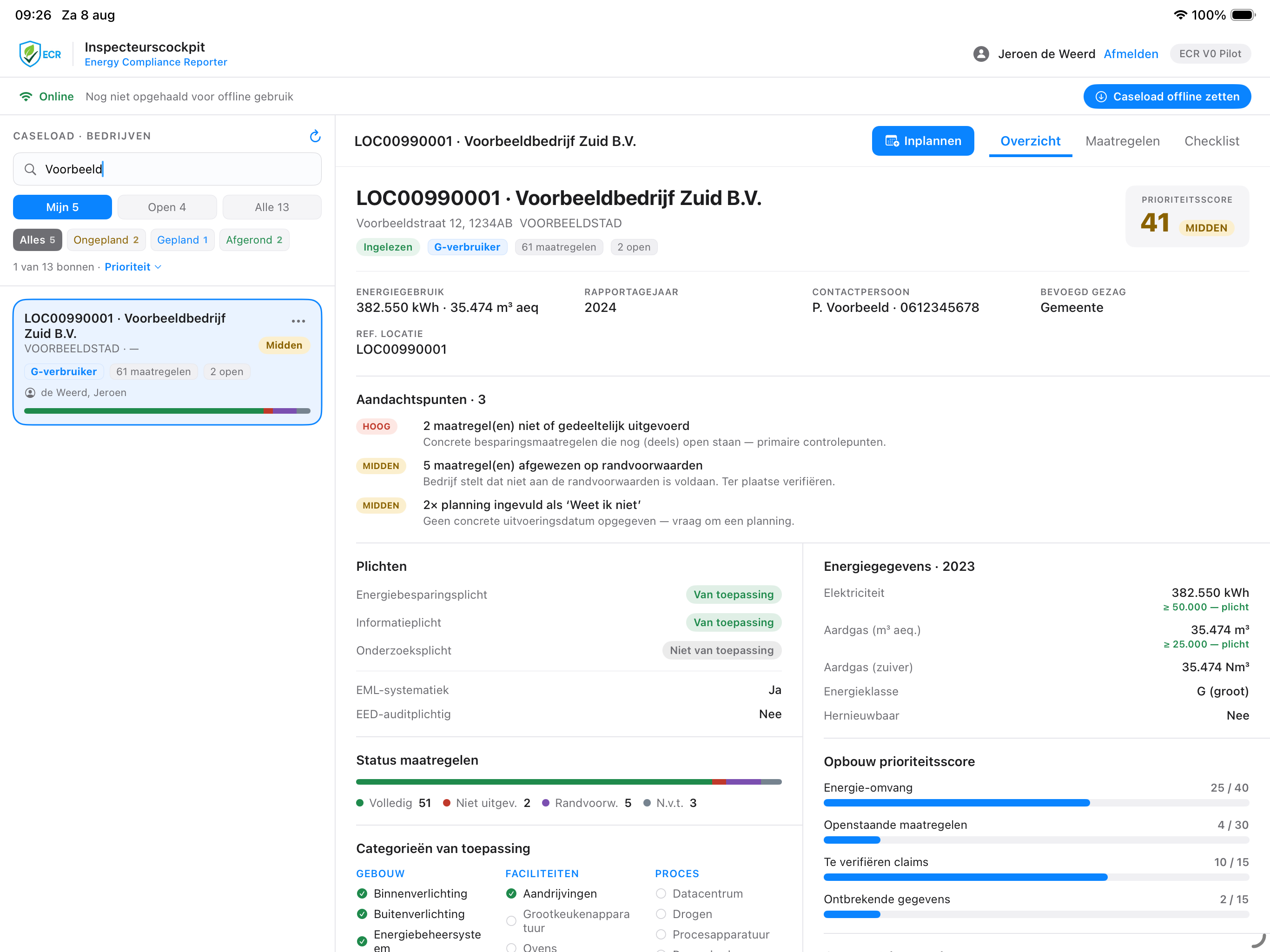 De Inspecteurscockpit van ECR op de iPad: het dossier van een rapportage met prioriteitsscore, aandachtspunten, plichten, energiegegevens en de statusverdeling van de maatregelen. Voorbeeldgegevens.